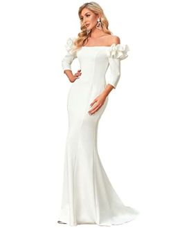 Women's Three-Quarter Sleeve Floor-Length Off-Shoulder White Wedding Dress 90368
