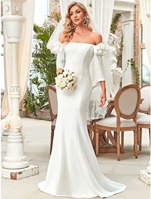 Ever-Pretty Women's Three-Quarter Sleeve Floor-Length Off-Shoulder White Wedding Dress 90368