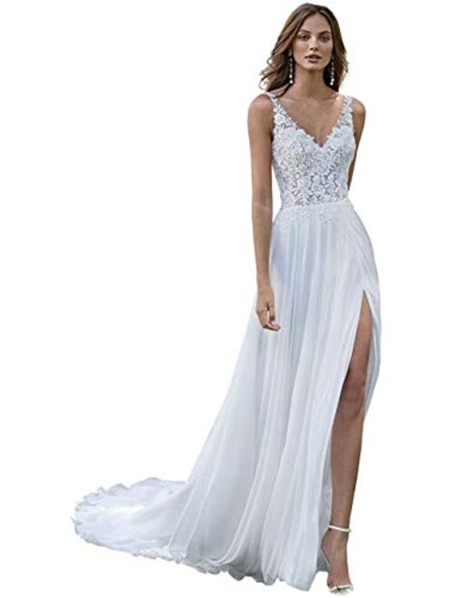 Tianzhihe Floral Lace Chiffon Wedding Dress for Bride V Neck Side Split Bridal Gown