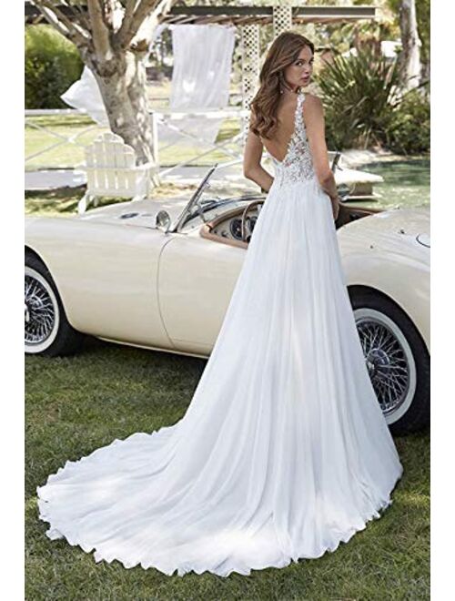 Tianzhihe Floral Lace Chiffon Wedding Dress for Bride V Neck Side Split Bridal Gown