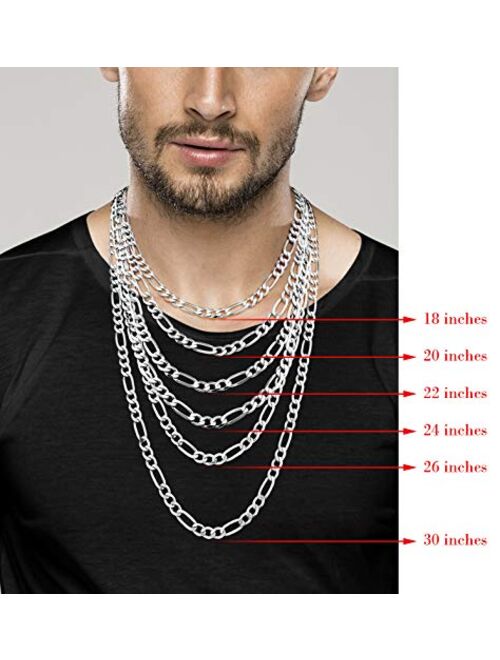 Miabella 925 Sterling Silver Italian 7mm Solid Diamond-Cut Figaro Link Chain Necklace for Men, 18, 20, 22, 24, 26, 30 Inches