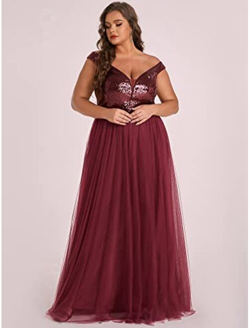 Ever-Pretty Women's Plus Size V Neck Sequin Tulle A Line Evening Formal Dress 0277-PZ