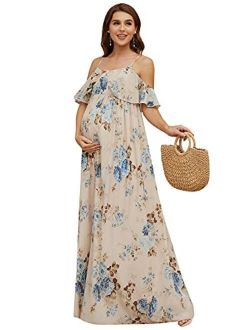 Women's Maxi Printed Off Shoulder Straps Ruffle Maternity Floral Casual Party Dress 20816