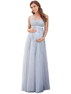 Women's V Neck Sleeveless Tulle Floral Lace Applique Long Maternity Party Dress 20796