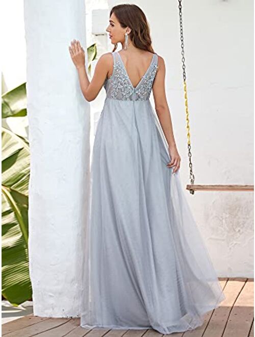 Ever-Pretty Women's V Neck Sleeveless Tulle Floral Lace Applique Long Maternity Party Dress 20796