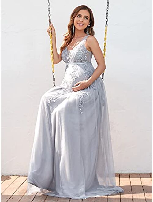 Ever-Pretty Women's V Neck Sleeveless Tulle Floral Lace Applique Long Maternity Party Dress 20796