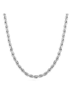 Solid 925 Sterling Silver Italian 2mm, 3mm Diamond-Cut Braided Rope Chain Necklace for Men Women 16, 18, 20, 22, 24, 26, 28, 30 Inch 925 Sterling Silver Made in