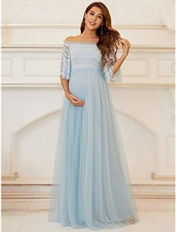 Women's Off-Shoulder Long Lace and Tulle Maternity Photoshoot Dress 20828