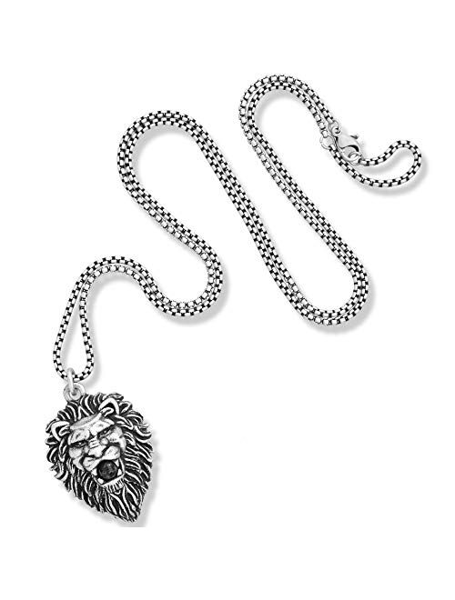 Steve Madden Oxidized Stainless Steel Lion Head Necklace for Men 26 Inch Box Chain