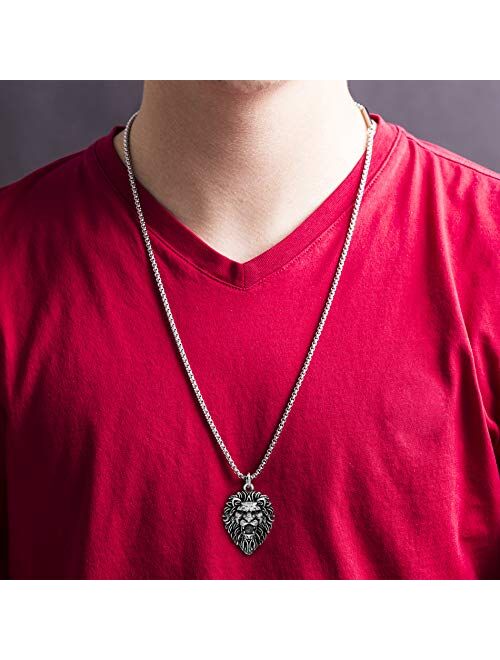 Steve Madden Oxidized Stainless Steel Lion Head Necklace for Men 26 Inch Box Chain