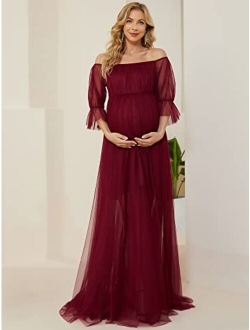Women's Off-Shoulder A-line Tulle Maternity Dress for Baby Shower 20862