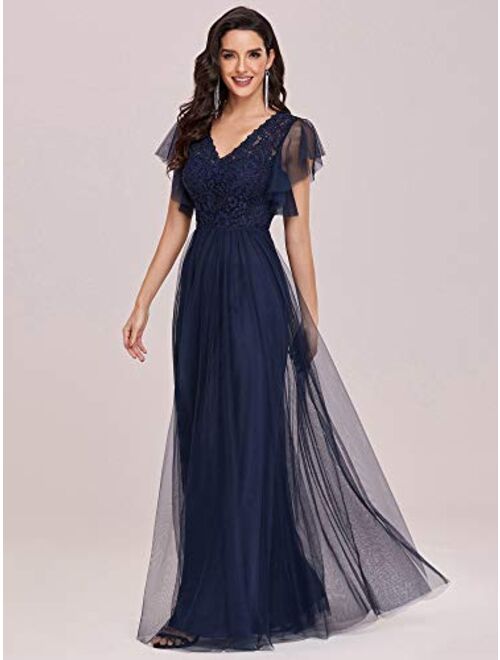 Ever-Pretty Womens V Neck Lace Tulle Sleeve A Line Formal Party Dress 0226