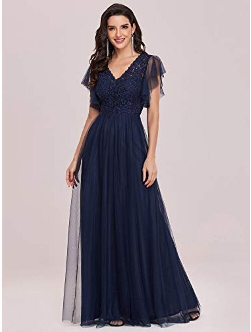Ever-Pretty Womens V Neck Lace Tulle Sleeve A Line Formal Party Dress 0226