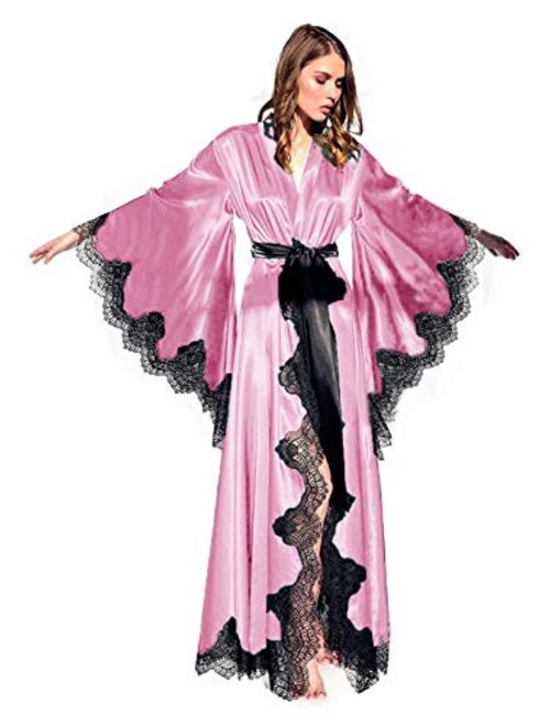 Tianzhihe Silk Satin Bridal Robe Long Lace Sexy Boudoir Lingerie Nightgown Kimono Wedding Scarf Maternity Shoot