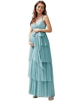 Women's V-Neck Bow Sash Tassel Tulle Maternity Evening Party Dress 20794
