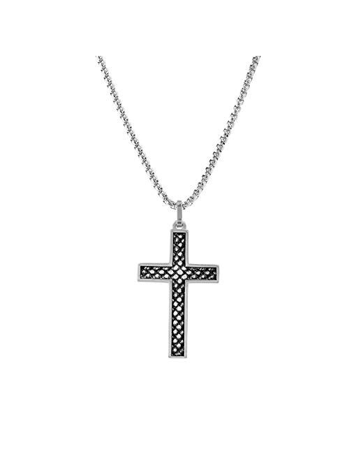 Steve Madden 28 Inch Stainless Steel Box Chain Checkered Design Cross Pendant Necklace For Men