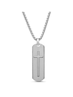 Stainless Steel Oval Dog Tag Cross Necklace for Men on 26 Inch Box Chain