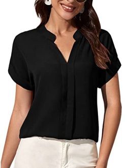 Women's Casual Split V Neck Blouse Short Sleeve Stand Collar Tee Top