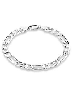 925 Sterling Silver Italian 7mm Solid Diamond-Cut Figaro Link Chain Bracelet for Men, 7, 7.5, 8, 8.5, 9 Inch Made in Italy