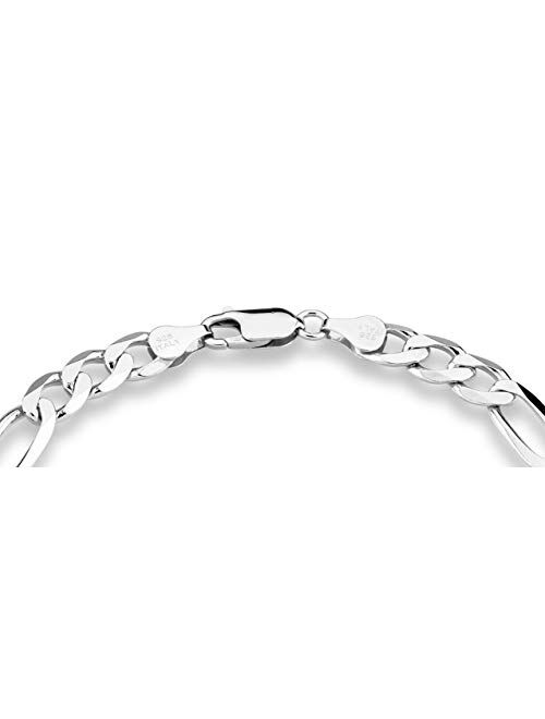 Miabella 925 Sterling Silver Italian 7mm Solid Diamond-Cut Figaro Link Chain Bracelet for Men, 7, 7.5, 8, 8.5, 9 Inch Made in Italy