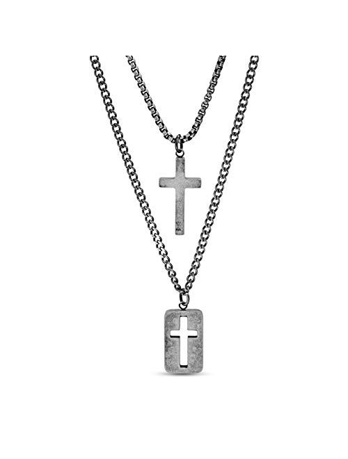 Steve Madden 28" Oxidized Stainless Steel Box and Curb Chain Cross Pendant and Dogtag Duo Necklace Set For Men