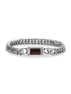 Men's Red Simulated Tiger's Eye Square Accent Franco Chain Bracelet in Stainless Steel, Silver-Tone, One Size