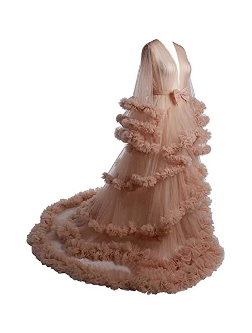 Tianzhihe Puffy Maternity Tulle Robe for Photoshoot Pregnant Dressing Gown Sheer Lingerie Nightgown