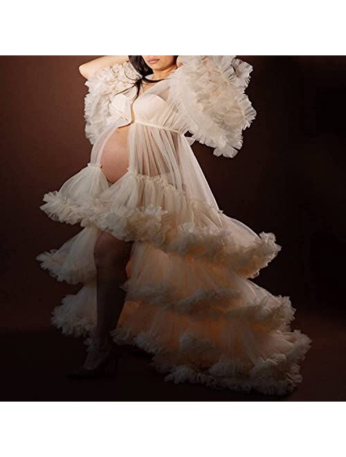 Tianzhihe Puffy Maternity Tulle Robe for Photoshoot Pregnant Dressing Gown Sheer Lingerie Nightgown