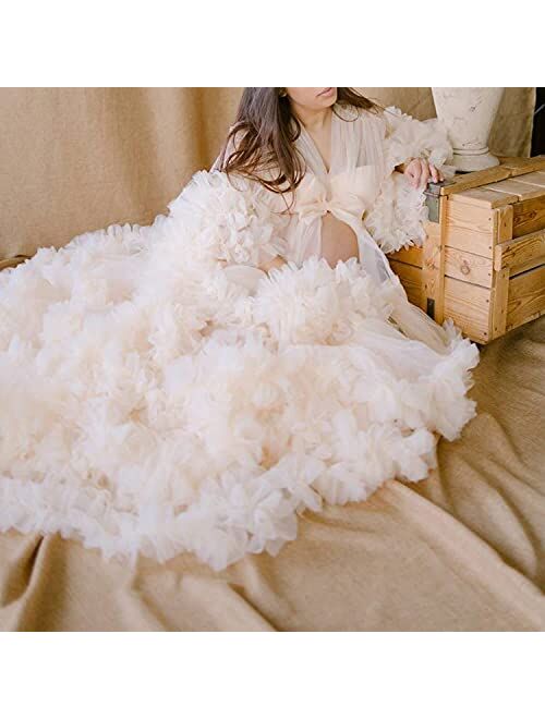 Tianzhihe Puffy Maternity Tulle Robe for Photoshoot Pregnant Dressing Gown Sheer Lingerie Nightgown