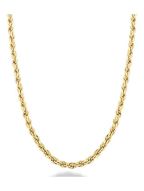 Miabella Solid 18K Gold Over Sterling Silver Italian 2mm Diamond-Cut Braided Rope Chain Necklace for Men Women 16, 18, 20, 22, 24, 26, 30 Inch 925 Sterling Silver Made in
