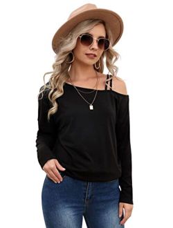 Women's One Shoulder Spaghetti Strap Long Sleeve T Shirt Pullover Tee Top