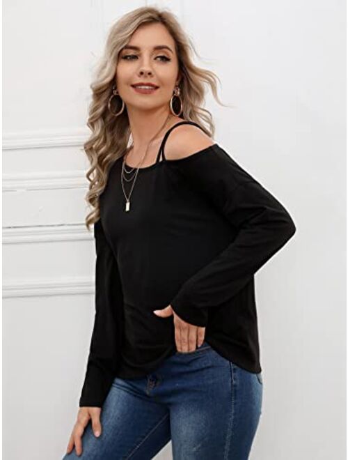 Verdusa Women's One Shoulder Spaghetti Strap Long Sleeve T Shirt Pullover Tee Top
