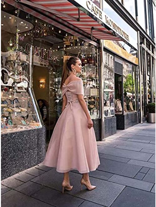 Tianzhihe Off Shoulder V Neck Prom Dress Short Tea Length Chiffon Lace Formal Evening Party Gown