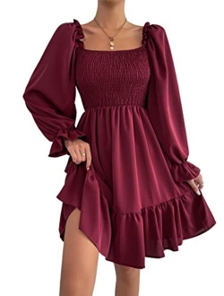 Women's Shirred Ruffle Long Flounce Sleeve Mini A Line Dress Square Neck High Waist Short Dresses
