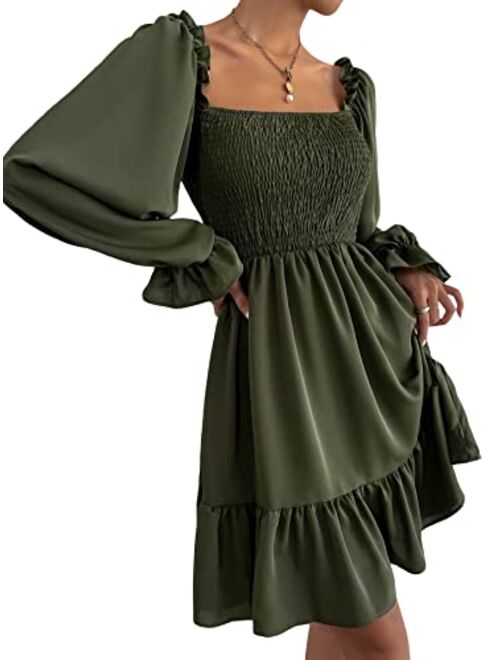 SheIn Women's Shirred Ruffle Long Flounce Sleeve Mini A Line Dress Square Neck High Waist Short Dresses