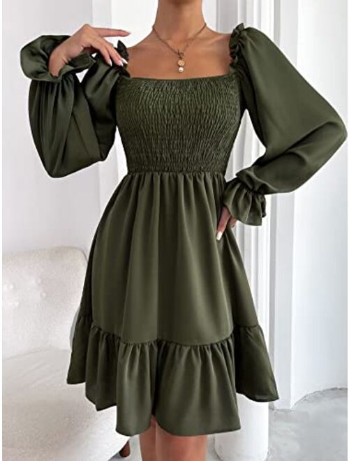SheIn Women's Shirred Ruffle Long Flounce Sleeve Mini A Line Dress Square Neck High Waist Short Dresses