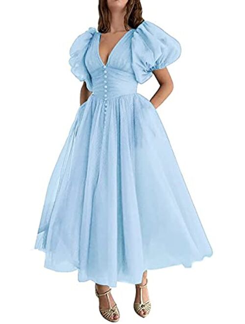 Tianzhihe Puffy Sleeve Prom Dress for Teens Dotted Tulle A-line Ball Gown Vintage Sweet 16 Princess Dresses with Pockets
