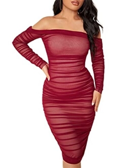 Women's Ruched Off Shoulder Bodycon Dress Long Sleeve Mesh Knee Length Dresses
