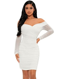 Women's Ruched Off Shoulder Bodycon Dress Long Sleeve Mesh Knee Length Dresses