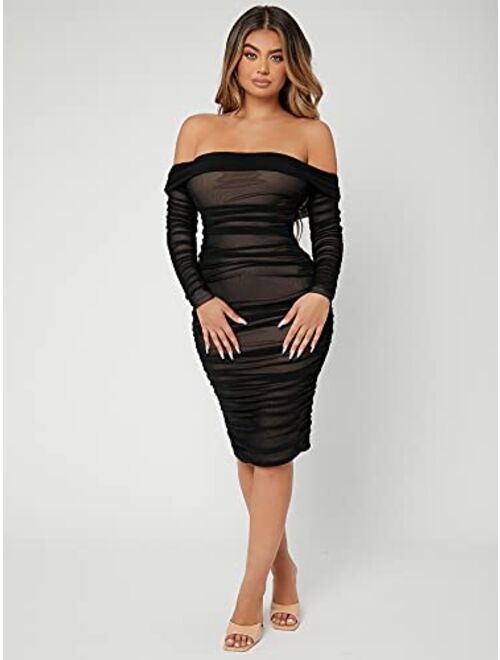 SheIn Women's Ruched Off Shoulder Bodycon Dress Long Sleeve Mesh Knee Length Dresses