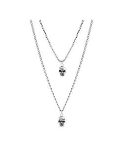 Men's Oxidized Skull Head Pendant Double Strand Chain Necklace Set in Stainless Steel, Silver, 28