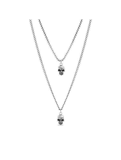 Steve Madden Men's Oxidized Skull Head Pendant Double Strand Chain Necklace Set in Stainless Steel, Silver, 28