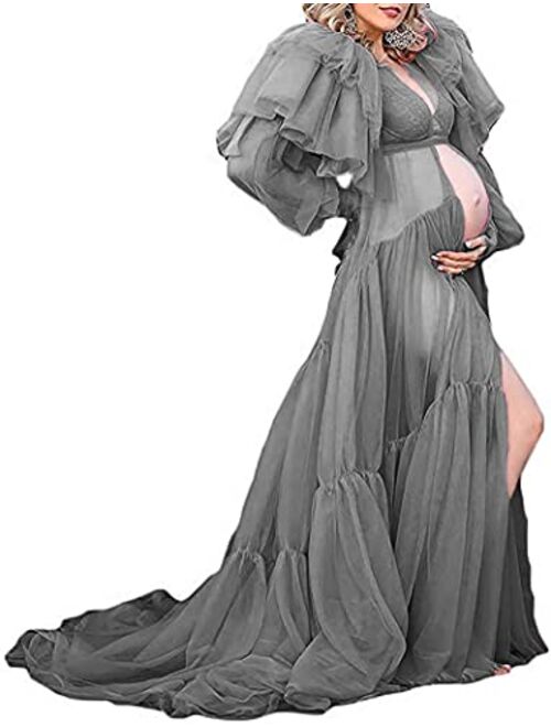 Tianzhihe Illusion Tulle Robe Long Maternity Gown for Photoshoot Lingerie Bathrobe Beach Coverup Sleepwear 