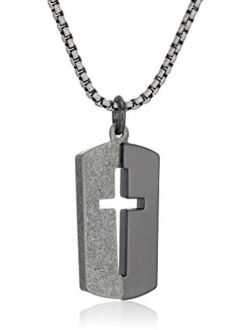 28 Inch Polished Split Design Open Cross Dogtag Box Chain Necklace for Men in Black IP Plated Stainless Steel (Black)