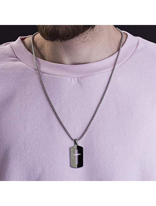 Steve Madden 28 Inch Polished Split Design Open Cross Dogtag Box Chain Necklace for Men in Black IP Plated Stainless Steel (Black)