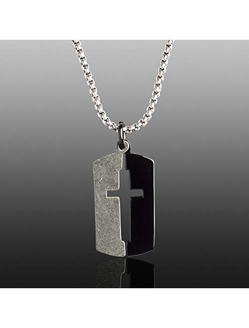Steve Madden 28 Inch Polished Split Design Open Cross Dogtag Box Chain Necklace for Men in Black IP Plated Stainless Steel (Black)