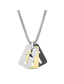 26" Tri-Color Stainless Steel Box Chain Open Cross Dogtag Trio Pendant Necklace For Men