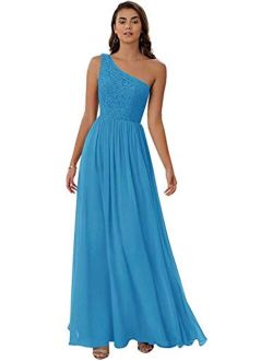 Tianzhihe Lace One Shoulder Bridesmaid Dress Long Chiffon Wedding Formal Evening Gown with Pocket