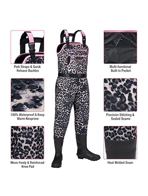HISEA Neoprene Chest Waders Leopard Print Duck Hunting Waders for Women with Boots Waterproof Insulated Fishing Waders