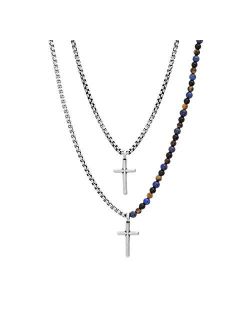 Stainless Steel Beaded Double Layer Cross Necklace for Men 25 and 27 Inch Box Chains